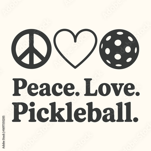 Vector art of peace love pickleball graphic with peace sign, heart, and pickleball