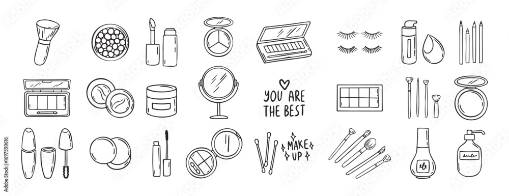 Naklejka premium make up beauty doodle hand drawn icon set. Outline drawing cosmetics line clipart symbol