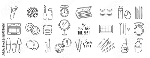 make up beauty doodle hand drawn icon set. Outline drawing cosmetics line clipart symbol