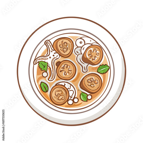 Illustration of flavorful soup with eggplants and basil leaves