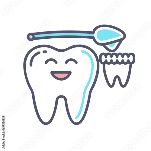 Happy tooth with dental care tool flat design illustration