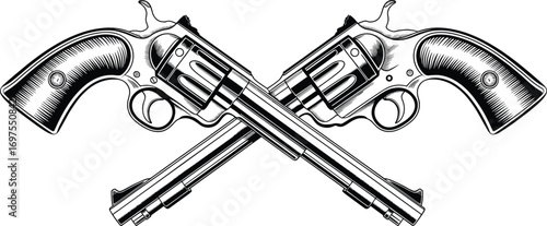 Vintage crossed revolvers illustration, western cowboy guns drawing, antique firearm engraving, wild west pistol art, classic weapon sketch design