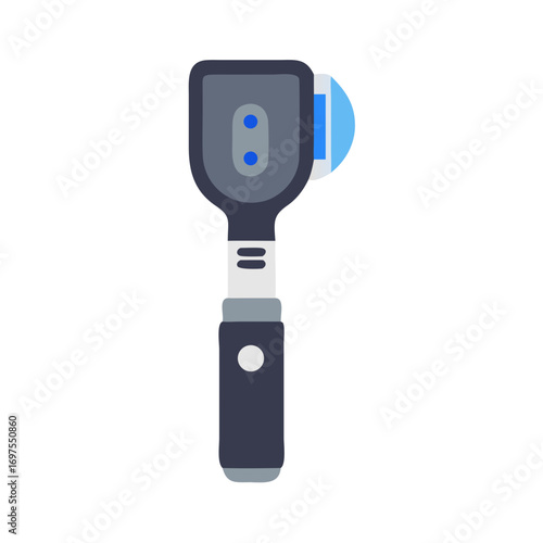Handheld ophthalmoscope tool on black background for eye exam