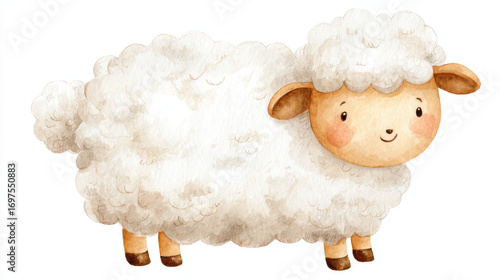 A charming and cute watercolor illustration of a sheep in soft colors.