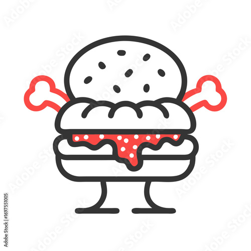 Cartoon burger character with bones on a black backdrop