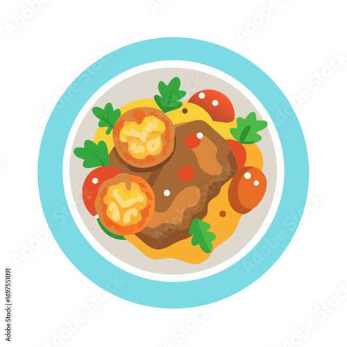 Stylized vector illustration of steak dish with tomatoes