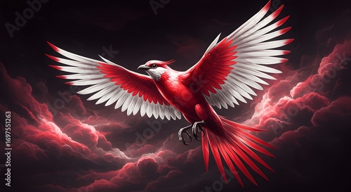 Vibrant red bird soaring against dark sky with cloud background