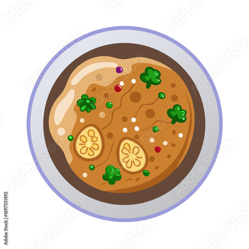 Cartoon style vegetable soup with greens and spices