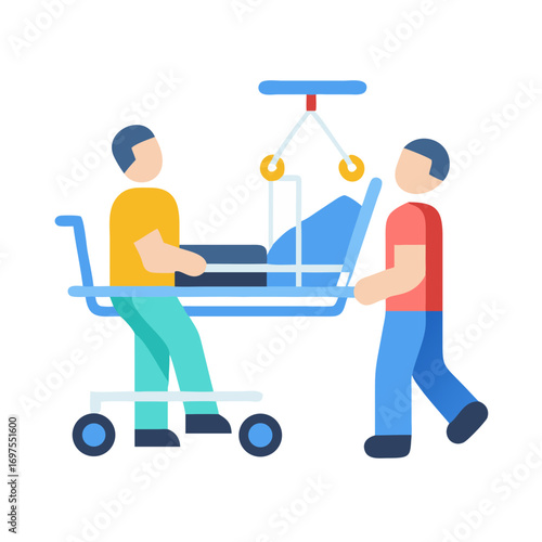 Staff transport patient in hospital bed for care assistance