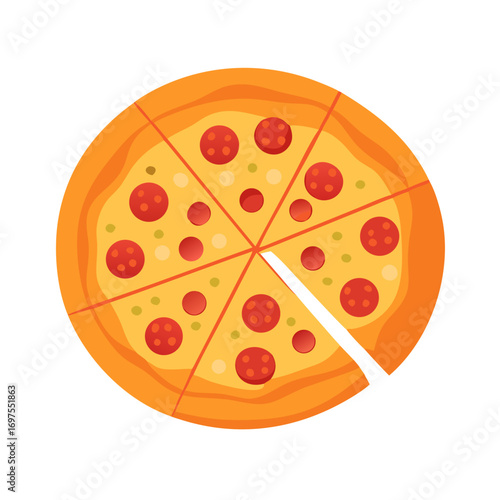 Flat design pepperoni pizza pie with one slice missing