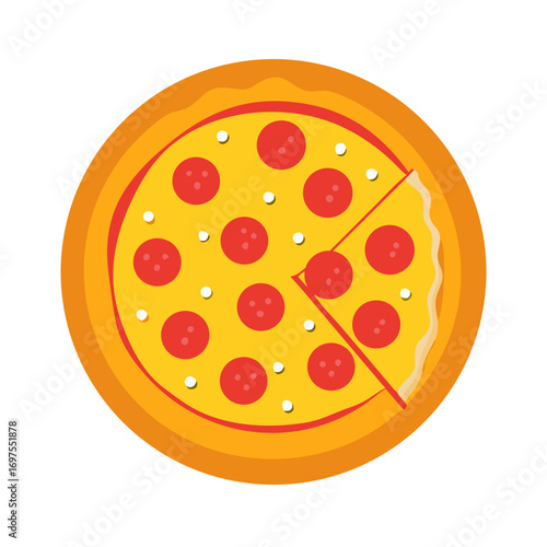 Flat vector pepperoni pizza with missing slice on black