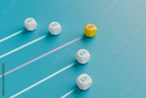 Rocket blocks racing on lanes with a yellow leader competition, first-mover advantage, market success.