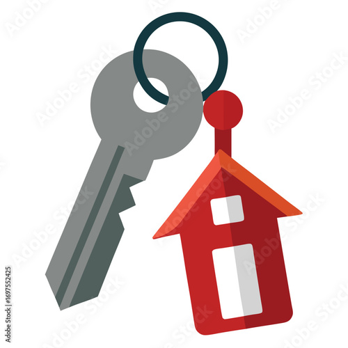 Two metallic keys on a keyring with a house shaped keychain vector illustration isolated background  