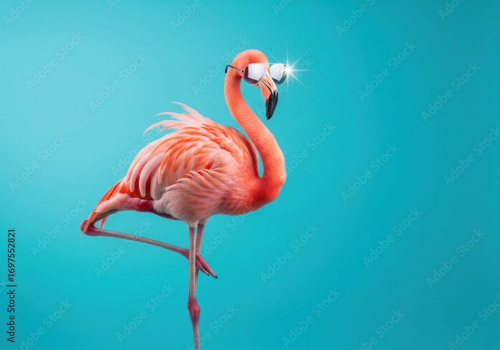 Fototapeta premium Cool flamingo wearing sparkling sunglasses on a turquoise background