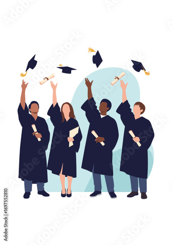 Diverse group of young adults celebrating graduation day tossing their caps in the air