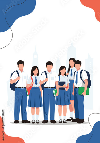 Diverse group of students in uniforms standing together for education