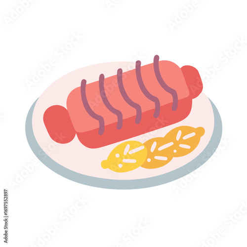 Flat vector illustration of grilled sausage with lemon slices