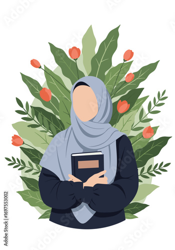 A woman in a hijab holding a book surrounded by lush greenery and flowers
