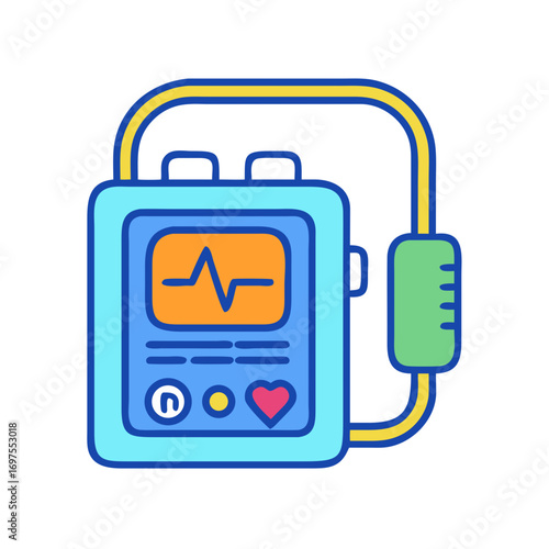 Modern cartoon defibrillator icon on black background for healthcare