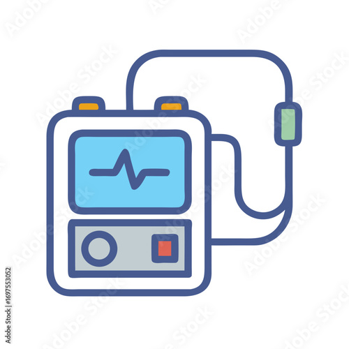 Flat design defibrillator icon showing heart rhythm on screen
