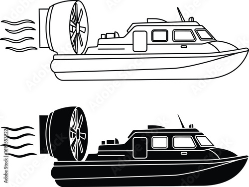 Sleek hovercraft in outline and silhouette, ready for adventure on water and land