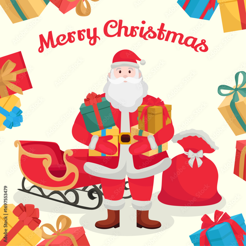 Fototapeta premium Merry Christmas greeting card Vibrant Santa Clauds red bag sleigh colorful gifts
