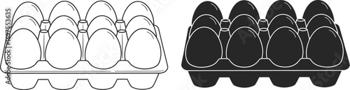 Twelve eggs in a carton, shown in both white outline and solid black silhouette