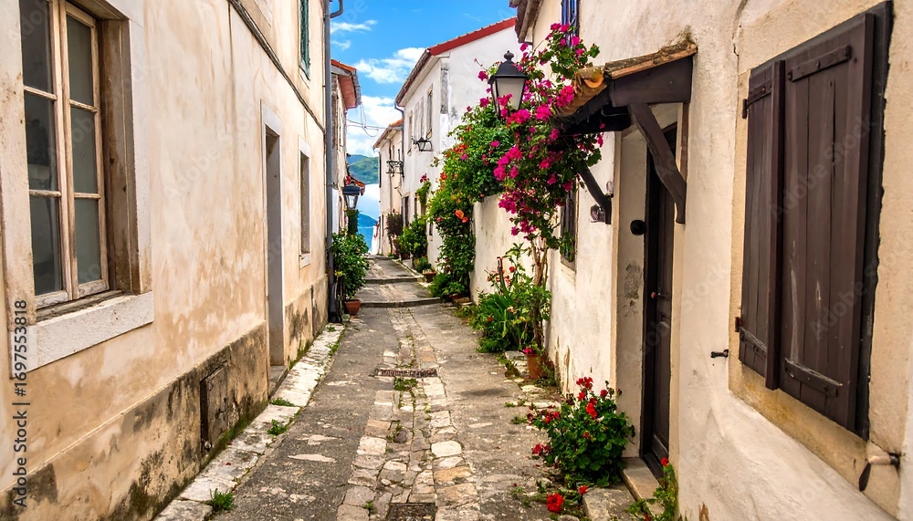 Naklejka premium Narrow alleyway through a picturesque village
