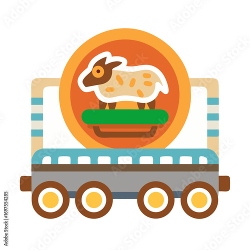 Cartoon style sheep riding a railway wagon illustration