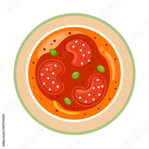 Stylized Pepperoni Pizza Overhead View on Plate Illustration