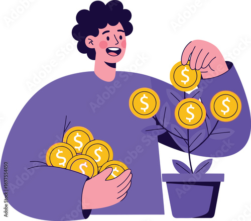 Joyful person cultivating financial growth with golden coins in a plant pot.