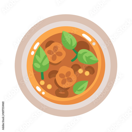 Flat vector illustration of Asian soup with herbs served