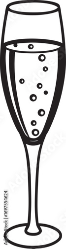 Black and white outline of a champagne flute with bubbles