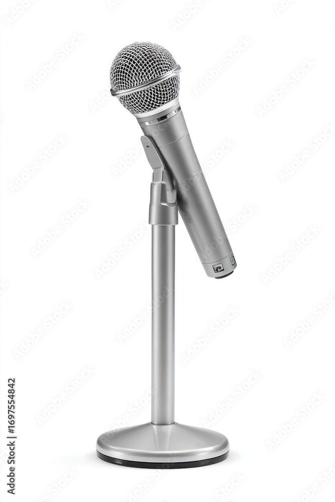 Obraz premium Silver microphone stands alone, angled, with a round head and sleek body, isolated on pure white backdrop, simple lighting and minimal shadows