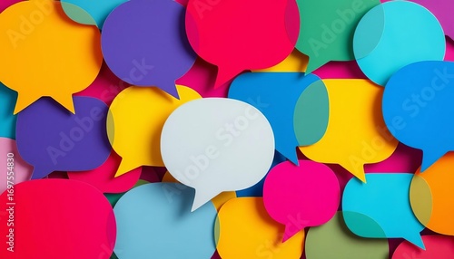 Abstract colorful speech bubbles overlapping, forming a network, depicting communication and problem-solving,  teamwork,  visual