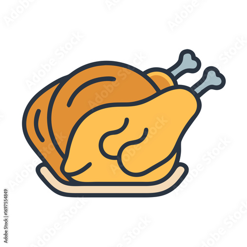 Roasted chicken on plate with black background illustration