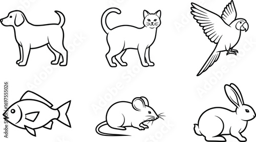 Collection of simple line art illustrations of common domestic animals