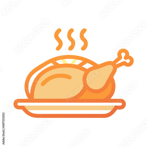 Roasted chicken on plate with smoke in flat style