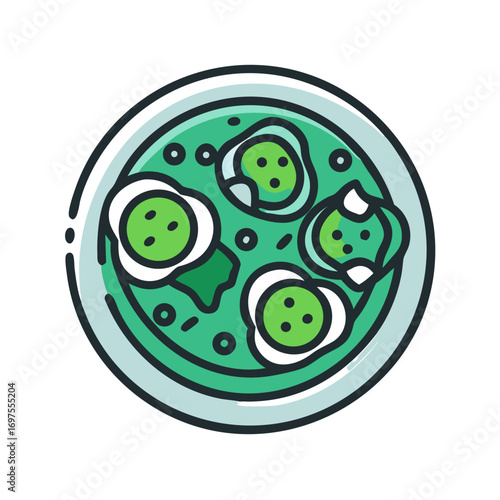 Overhead view of green vegetable soup bowl illustration