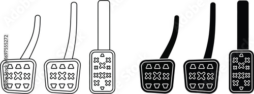 Set of car pedals, including brake and accelerator, in outline and solid black styles
