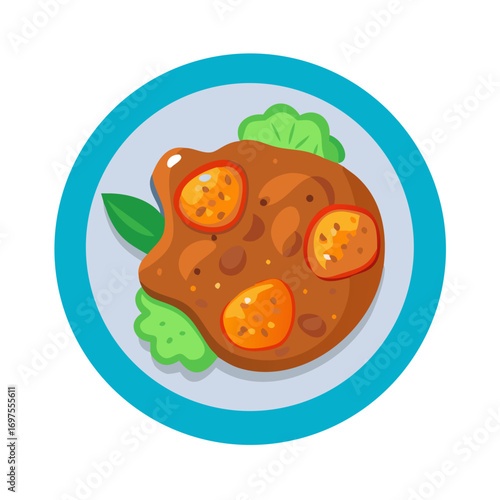 Stylized Overhead View of Meat Dish with Greens and Sauce
