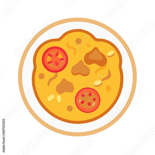 Cartoon flat lay illustration of soup on white plate