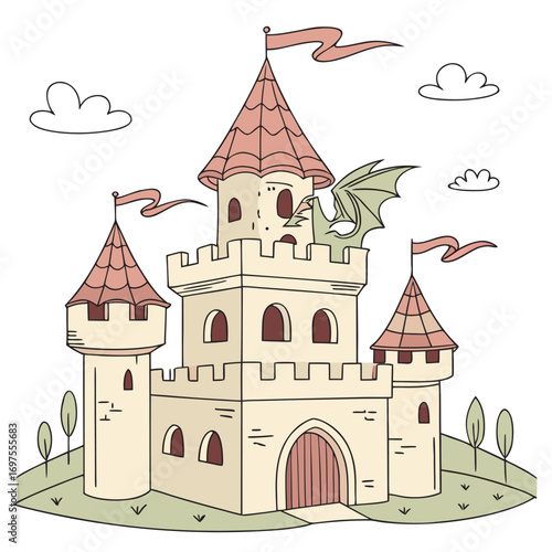 Cartoon Castle with Dragon and Flags fairy tale fantasy