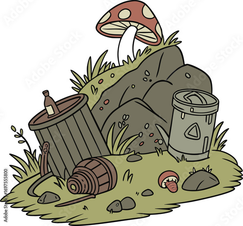 Cartoon illustration of trash and a mushroom on a grassy mound