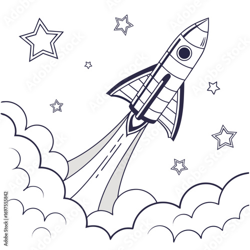 Cartoon Rocket Ship Launching Through Clouds spaceship