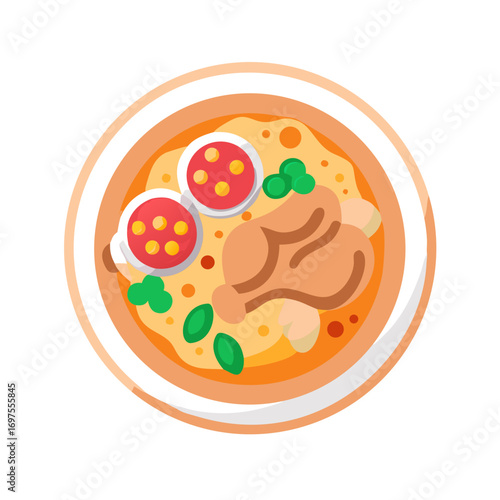 Overhead flat lay of chicken soup with toppings illustration