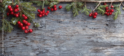 Rustic wooden planks topped with evergreen branches and red berries for a festive holiday border or background