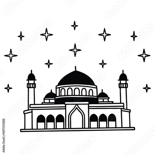 Black Silhouette Vector of Mosque Silhouette with Dome