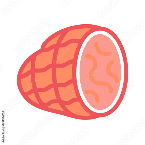 Stylized cured ham slice, cross-section on black background