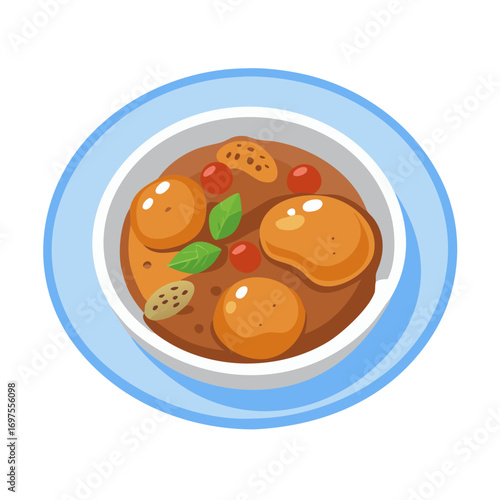 Cartoon illustration of soup with meatballs in a bowl